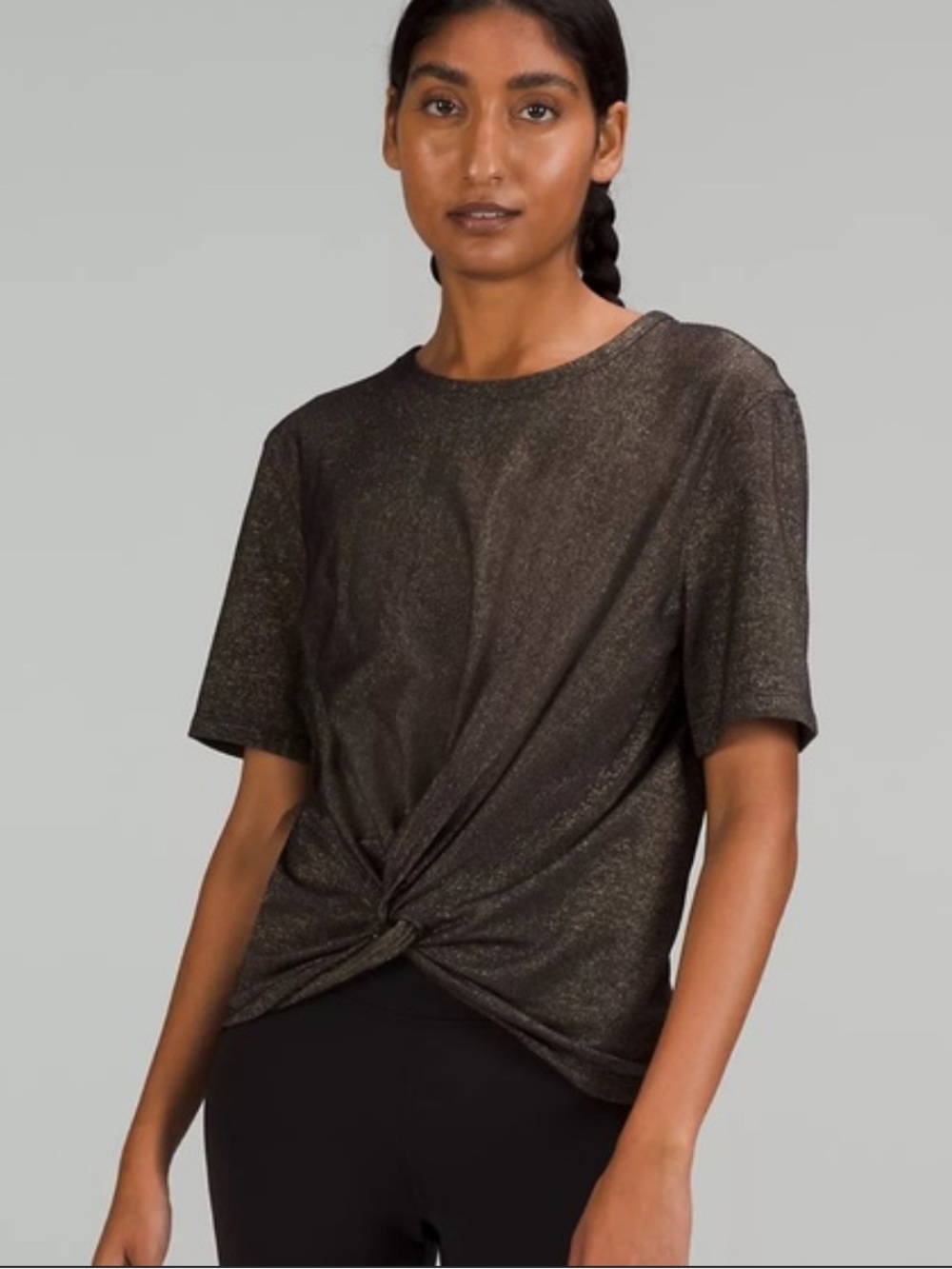 LuluLemon Athletica Crescent Black Twist-Front Short Sleeve Metallic Workout Tee